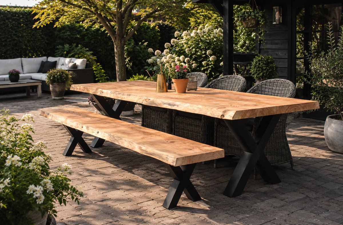 Douglas Boomstam Tuintafel - 200 x 100 cm - Stalen X Poten - Inclusief Montage