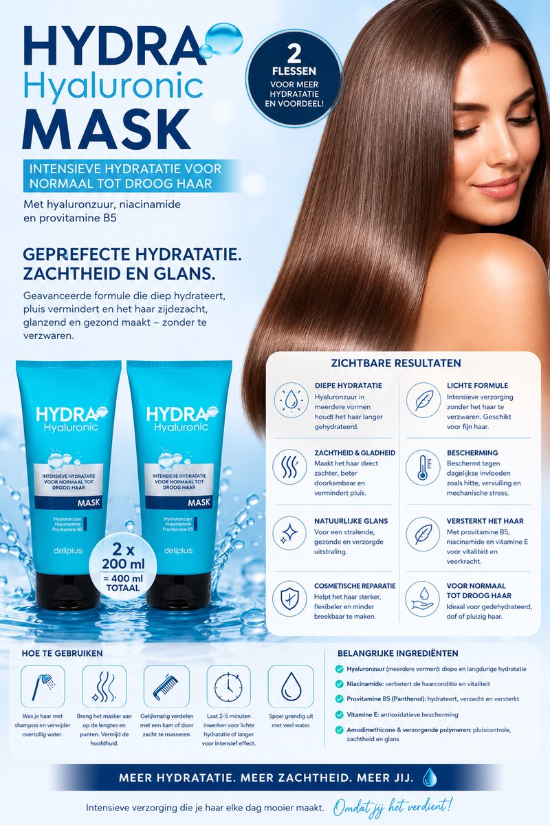 400 ML (2 TUBES VAN 200 ML PER TUBE) HYDRA HYALURONIC MASKER, SUPER HYDRATEREND VOOR NORMAAL TOT DROOG HAAR MET HYALURONZUUR, NIACINAMIDE EN PROVITAMINE B5 — ALTIJD PERFECT HAAR.