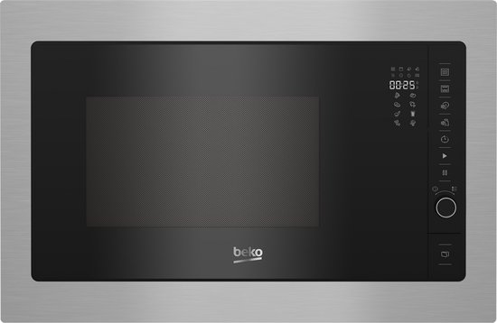 RVS Beko inbouwmagnetron met een glanzend zwart front en digitale bediening aan de rechterkant.