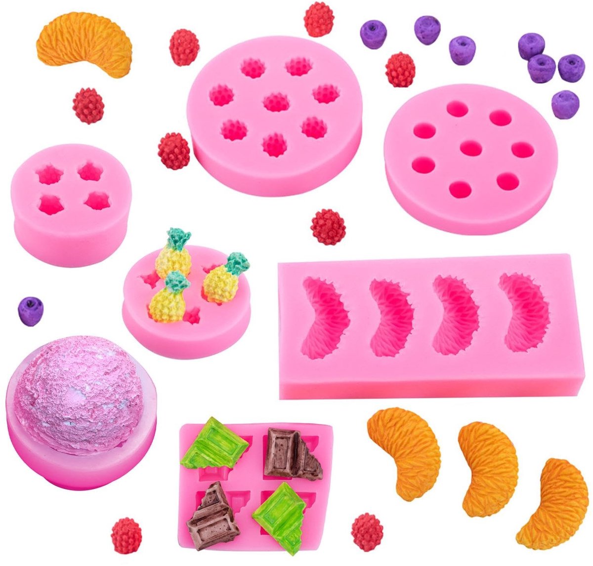 Dailygoods- Siliconen Vorm - 7 Stuks - Fruitvormen - Chocoladevormen/Mallen - Kaarsen/Vormpjes - Roze - Temperatuurbestendig - Voedselveilig - Chocoladevorm