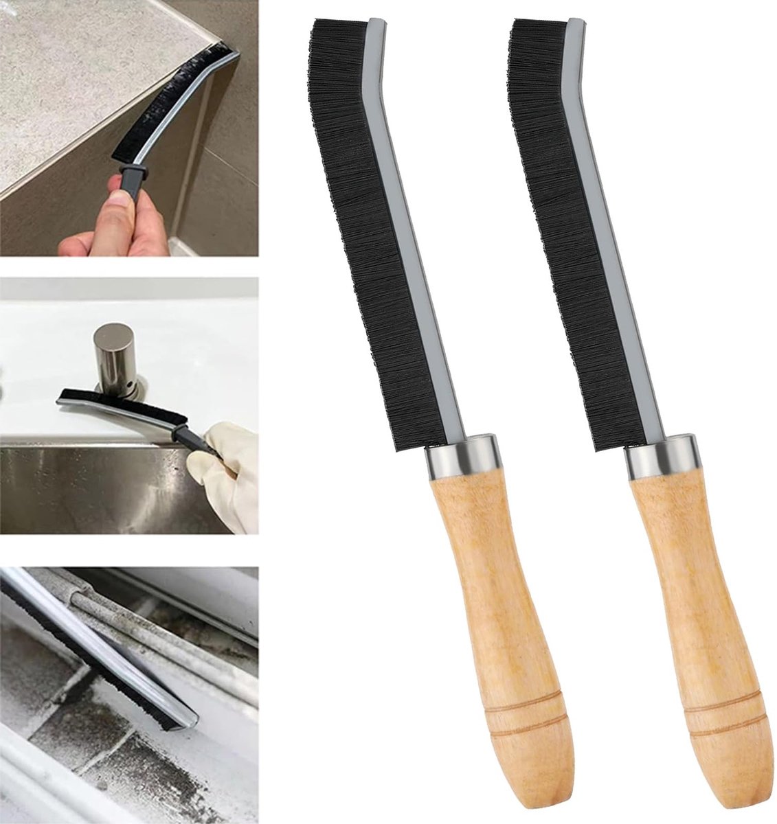 Dailygoods- Splijtreinigingsborstel - Houten Handvat - Voegborstel - Multifunctioneel - Schimmelverwijderaar - Voor Badkamer/Keuken - Reinigingsborstel