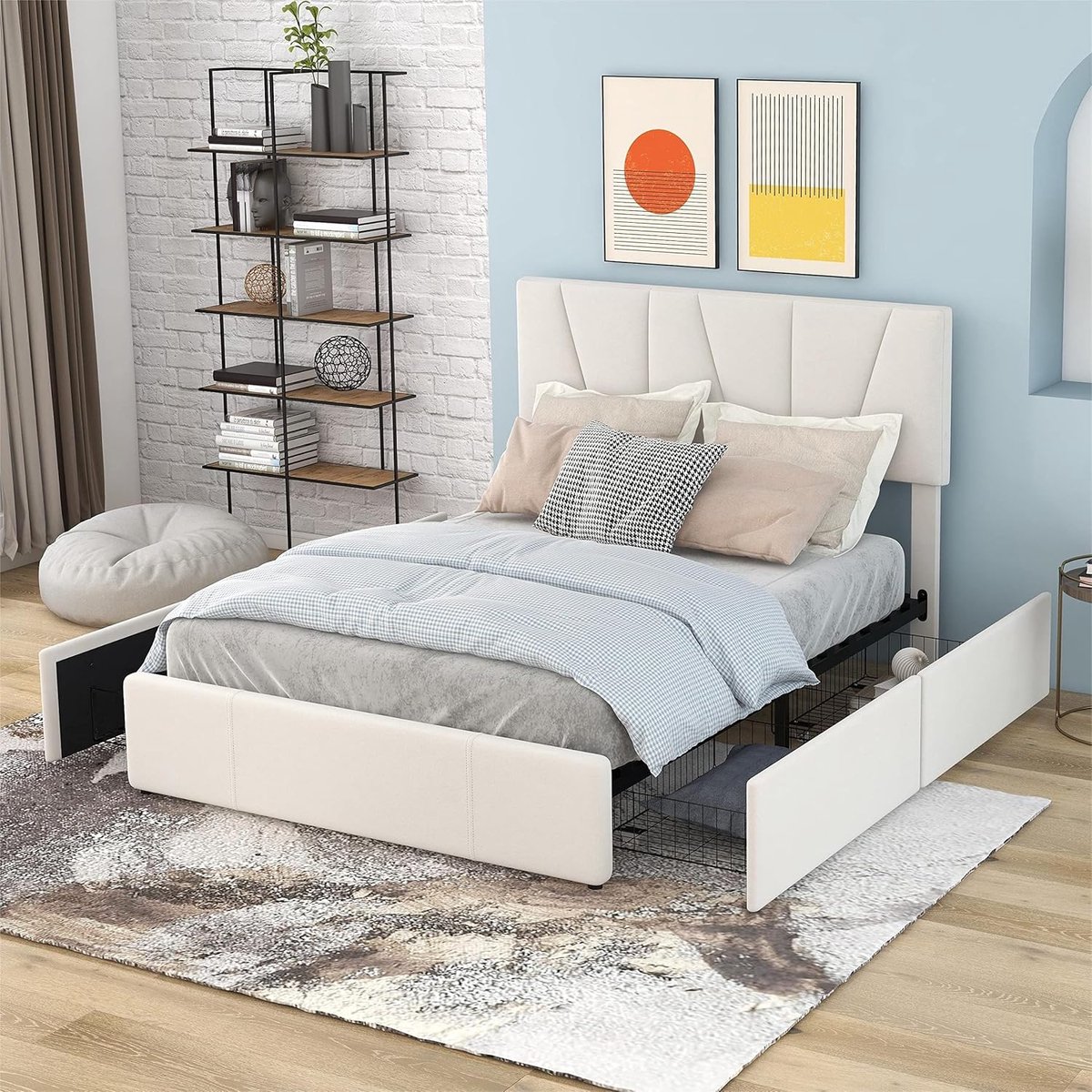Bed met bekleding - Tweepersoonsbed - Opbergen en slapen - Vier opberglades - 140 x 200 cm