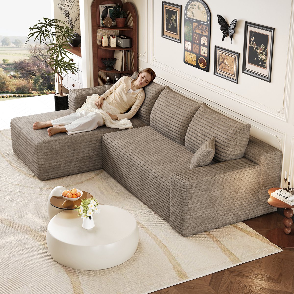 HAUSS SPOLE Hoekbank - Modulaire Chaise Longue Bank - Zonder Montage - Voor Woonkamer En Slaapkamer - Ribstof Camel