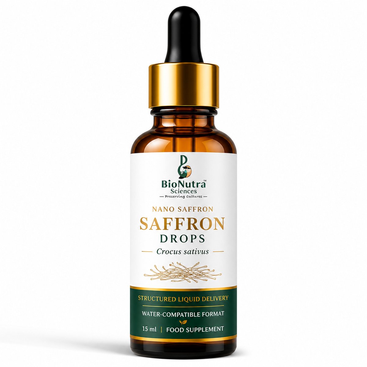 Nano saffron strands extract drops, micronutrients, vegan-vegetarian, focus, mood stabilize, anxiety, PMS, menopause help, Geavanceerde nano Saffraan Sterkte vloeibare micronutriënten druppels, sterk, voedingssupplement, basis-vegetarisch 15ml