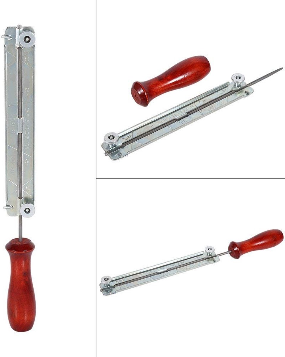 Dailygoods- Slijpset Hoogwaardig Staal - Houten Handvat - Vijlhouder - Ronde Kettingslijper - Nauwkeurig Slijpen - Duurzaam en Robuust - Kettingzaagslijper
