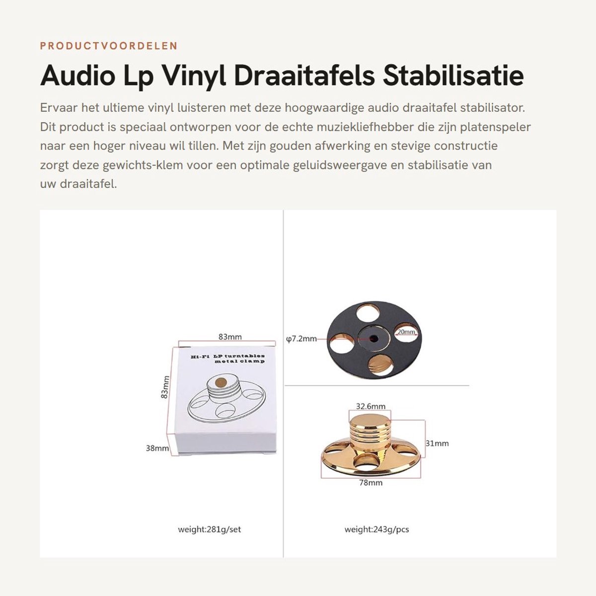Dailygoods- Gewichtsklem Goud - Schijfstabilisator - Stabilisator Platenspeler - Verbetert Geluidsweergave - Vermindert Lawaai - Voor Resonantietrillingen