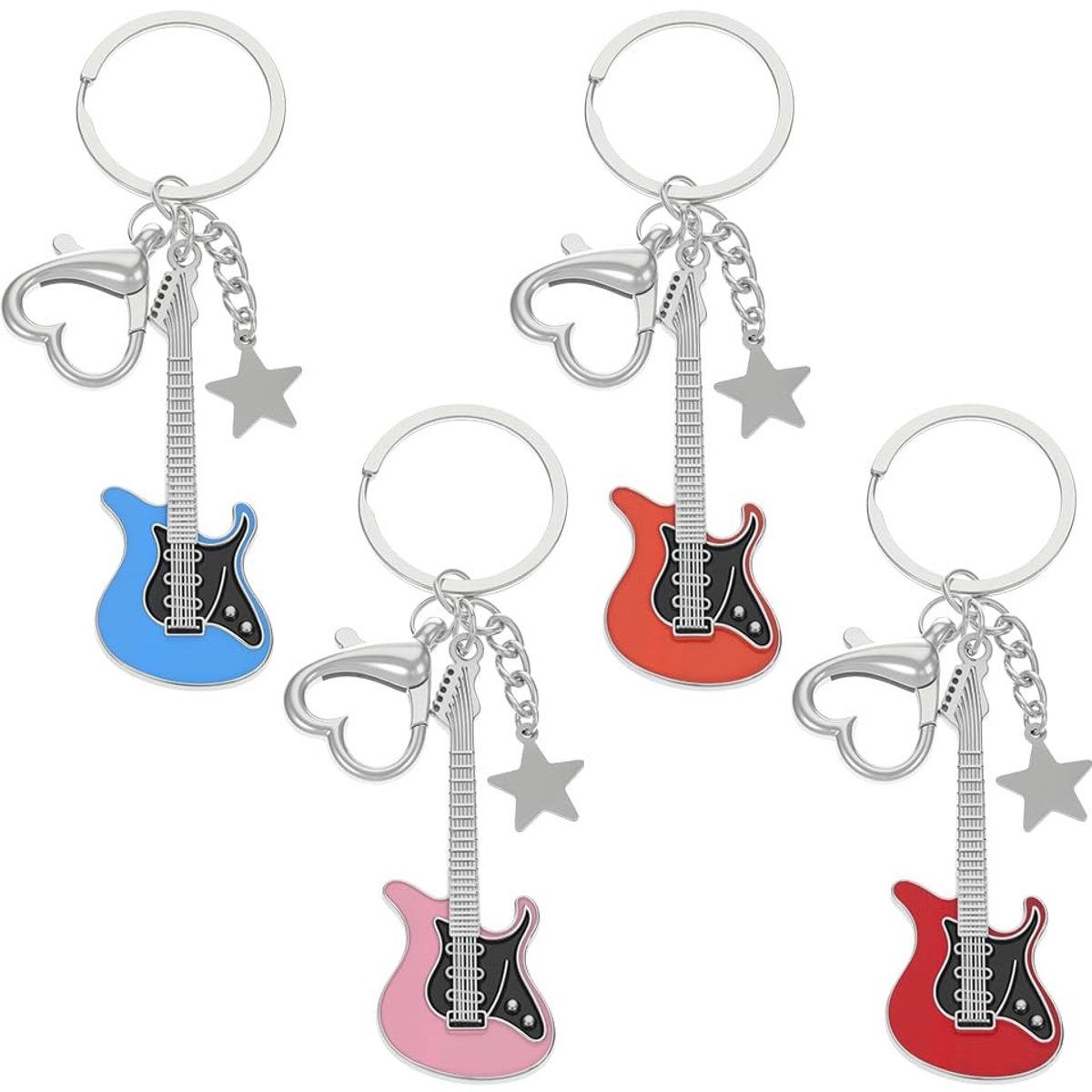 Dailygoods- Gitaarsleutelhanger Set van 4 - Punk/Rock Thema - Stervormige Hangers - Duurzaam - 6 x 2 cm - Robuuste Legering - Sleutelhanger