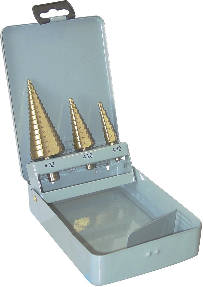 Getrapte Plaatboren Set 3 Delig 4-12 / 4-20 / 4-32 mm – HSS Titanium Gecoat – Metalen Opbergkoffer – TOOLTECH