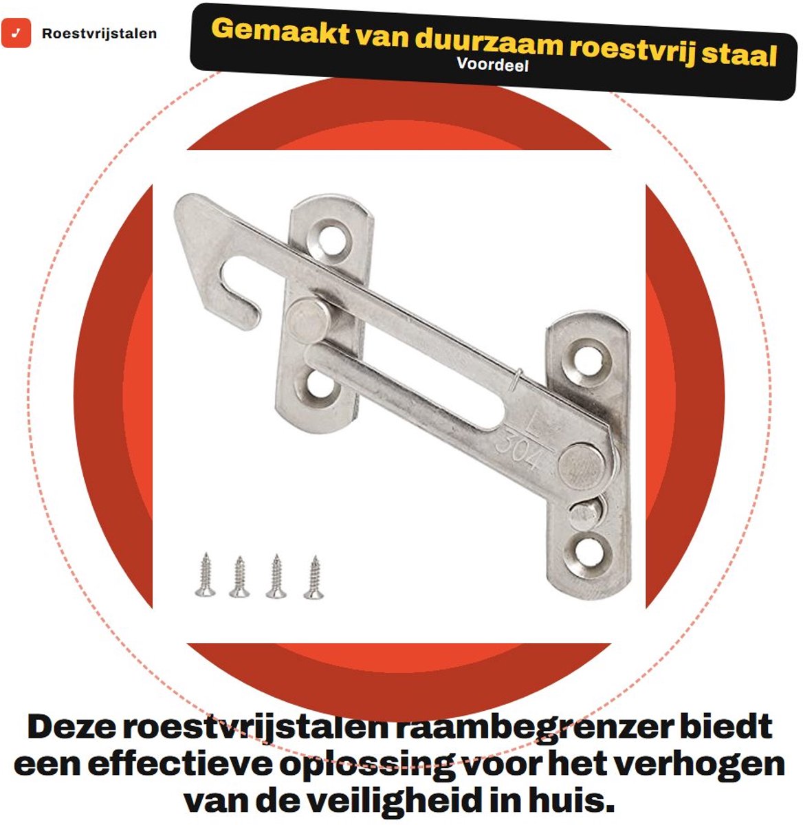 Dailygoods- Raambegrenzer Kindveiligheid - Raamslot - Vensterstopper - Roestvrij Staal - Openingshoek 65 Graden - Gewicht 47 g