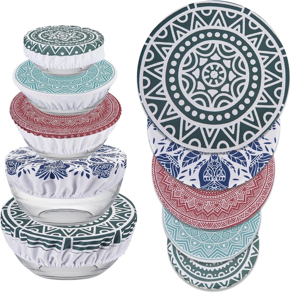 Dailygoods- Komhoezen 5 Stuks - Herbruikbare Katoenen Deksels - Rekbare Opberghoezen - Multicolour - Vintage Ontwerp - 5 Maten 10/15/20/25/30cm - Komdeksels