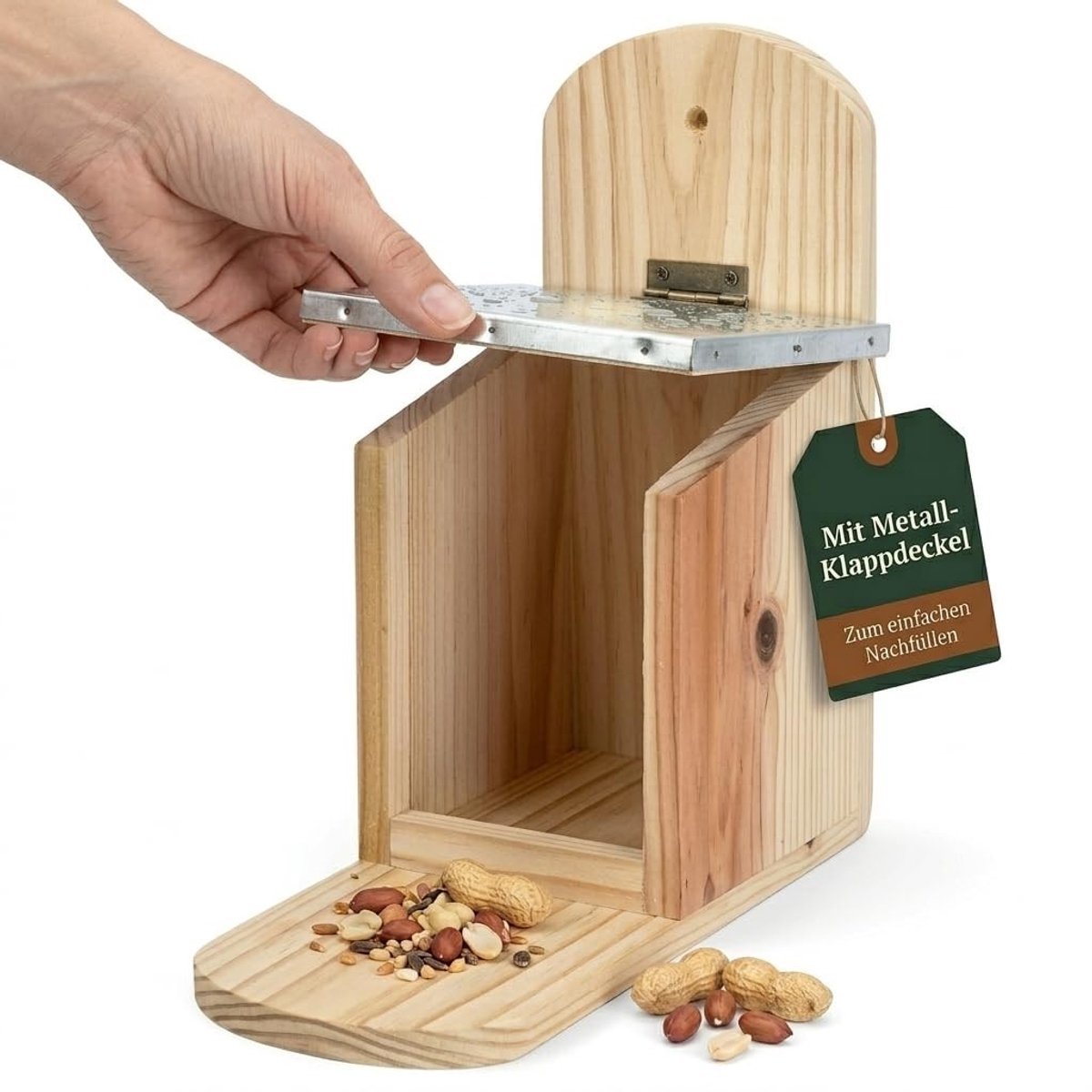Dailygoods- Voederstation voor Eekhoorns - Weerbestendig - Klapdeksel van Metaal - Voederschaal van Hout - Afmetingen 12 x 25 x 28 cm - Duurzaam Dennehout - Eekhoornvoederhuis