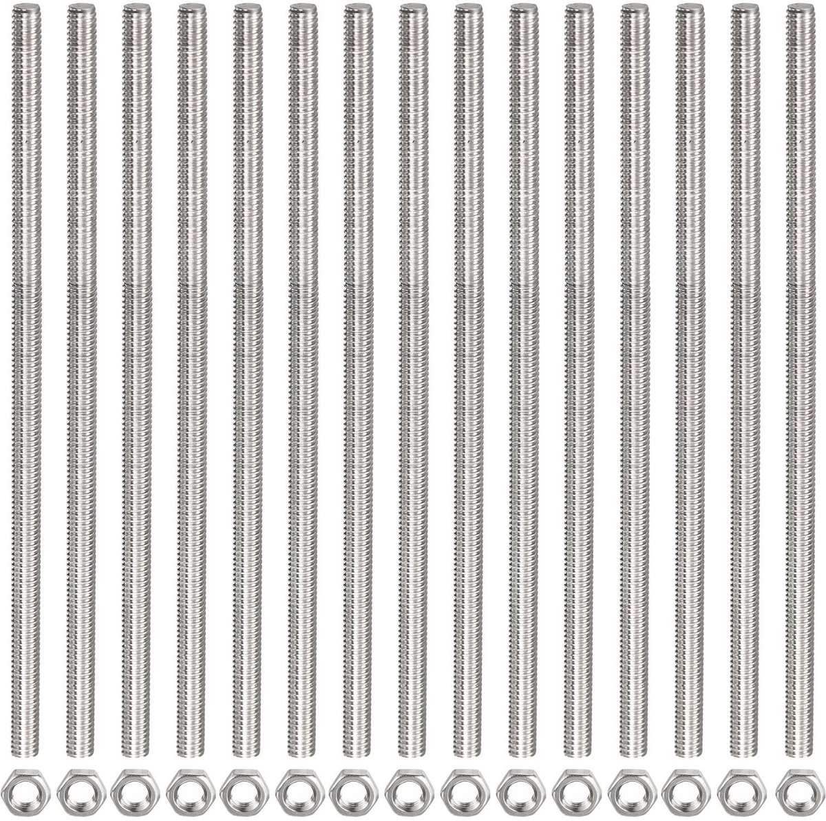 Dailygoods- Schroefdraadstang compleet - 15 Zeskantmoeren - Roestvrij Staal - M3 x 200 mm - Schroefdraadschroeven - Duurzaam en corrosiebestendig - Schroef