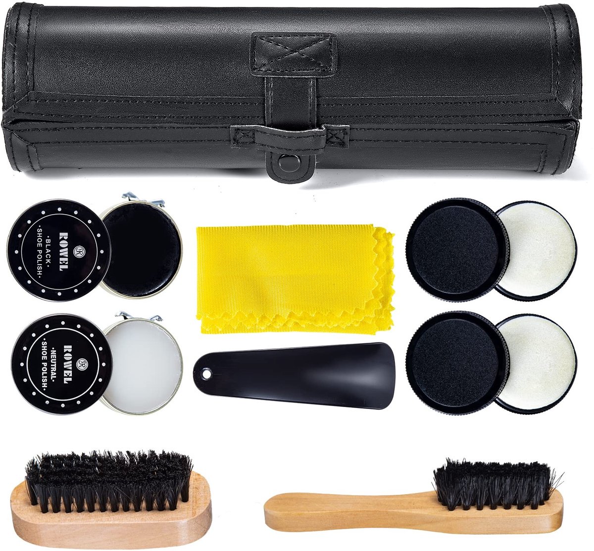 Dailygoods- Schoenpoetsset Luxe - 9-delige Set - Houten Applicator - Borstel - Schoenlepel - Reisetui - Zachte Paardenhaar Borstel - Schoenverzorgingsset