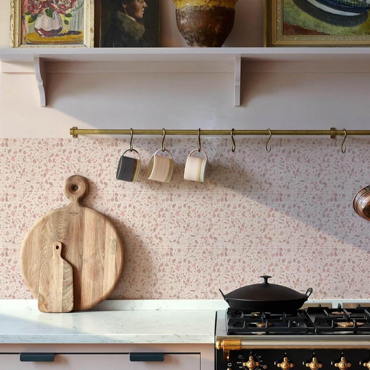 Dailygoods- Tegelstickers 25 Stuks - Roze Terrazzo - Zelfklevend - Badkamer/Keuken - Peel & Stick - Vierkant 20 cm - Wanddecoratie