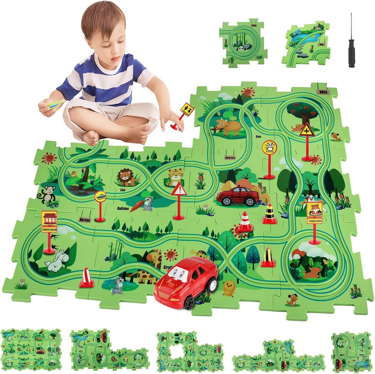 Kinder Autorenbaan - Racebaan Set - Creatief Spelen - Uitbreidbaar Puzzelontwerp - 12 Stuks - Groen