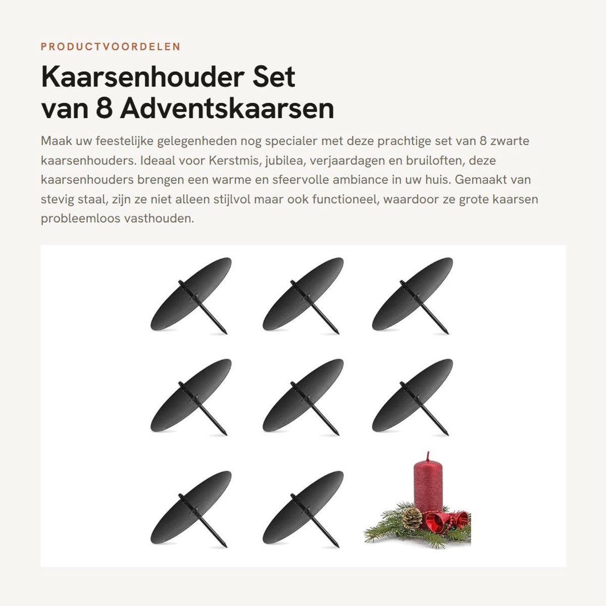 Dailygoods- Kaarsenhouder set van 8 - Adventskaarsen - Zwart metaal - Staal - Diameter 8 cm - Robuust en stabiel - Kandelaar