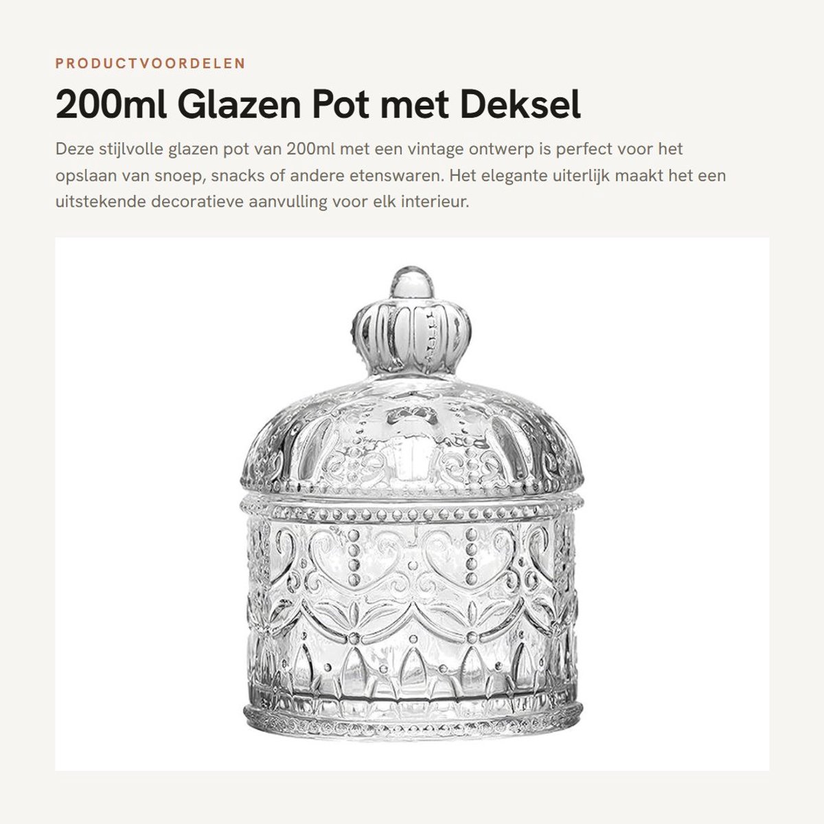 Dailygoods- Opslagpot 200ml - Glazen Pot met Deksel - Vintage Design - Decoratieve Voedselopslag - Elegant - Tijdloze Charme