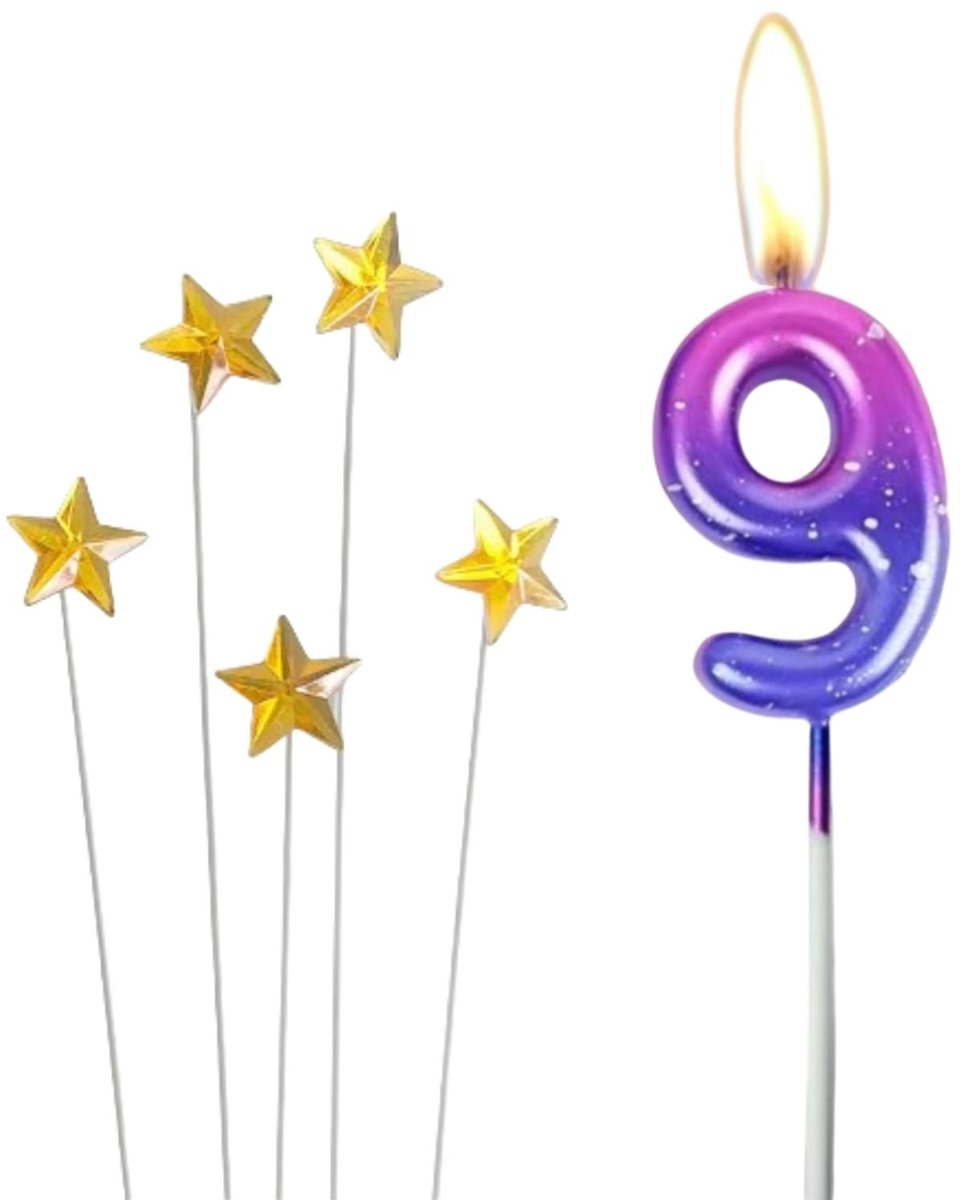 Dailygoods- Verjaardagskaarsen Cijfer 9 - 5 Stuks Taartdecoratie - Kleurrijk - Voor Jongens/Meisjes - Voor Volwassenen - Materiaal: Paraffine - Taartkaarsen