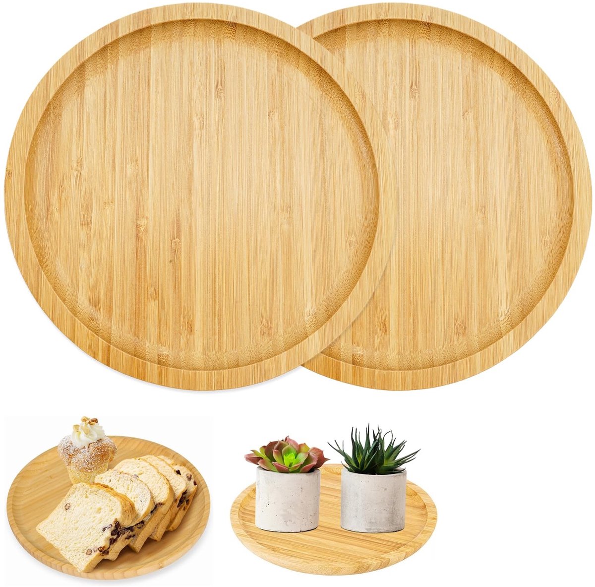 Dailygoods- Dienbladen Set van 2 - Ronde Bamboehouten Dienbladen - Hittebestendig - Afwasbaar - Voor Kopjes/Theeservies - Decoratief - Serveerplank