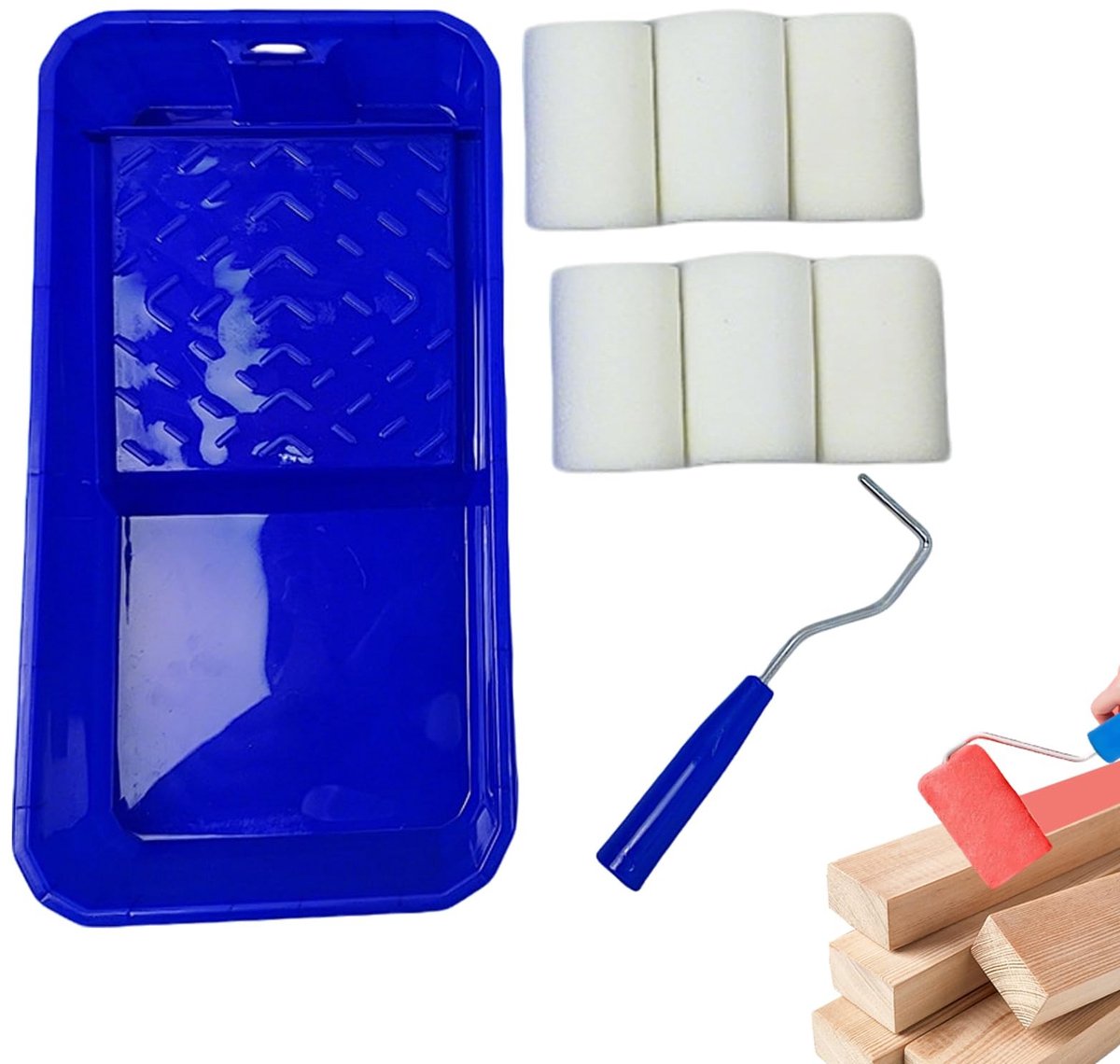 Dailygoods- Schuimverfroller met 6 Vervangbare Sponskoppen - Verfbak - Verfroller Set - Geschikt voor Muren/Meubels - Hoog Absorptievermogen - Comfortabel Handvat