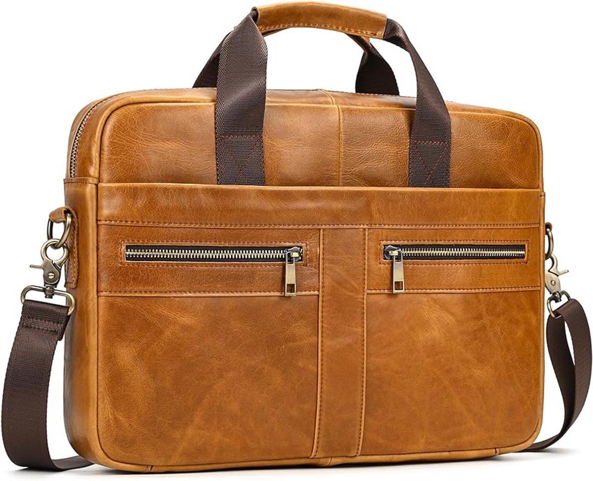 Leren Laptoptas - Laptoptas - Leren Tas - Luxe Leren Laptoptas - Werktas - Schoudertas - Business Tas - Leren Business Tas - 15.6 inch - Geel - van Imperatoris