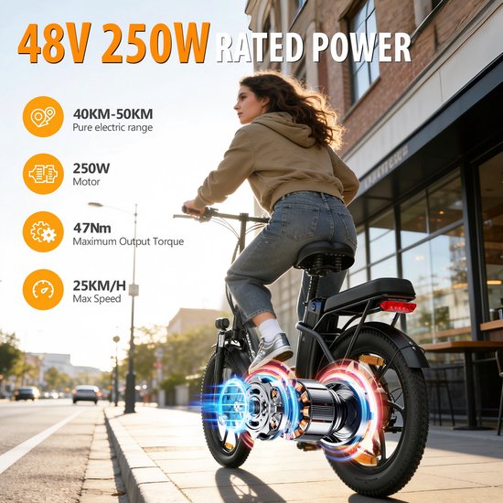 ZAZAWORK C16 Elektrische Fiets - Actieradius tot 50 km - Afneembare 48V 16Ah Batterij - 250W Motor - 7 Versnellingen - 20 Inch Opvouwbare E-Bike - Zwart van Merkloos — afbeelding 3