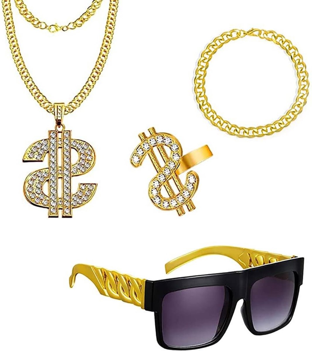 Set van 4 Gouden Kostuums voor Mannen met Hip-Hop Kostuums, Rappersaccessoires en Dollar Ring - Ideaal voor 80s Gangster Kostuums en Feestoutfits