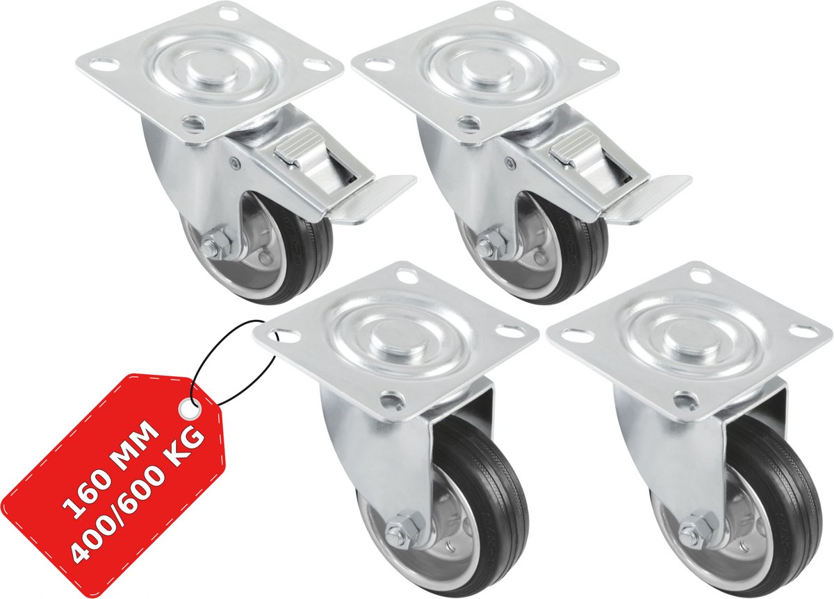 AMIG Zwenkwielen 160mm Set van 4 Rem+Zonder - 600kg Rubber Transportwiel