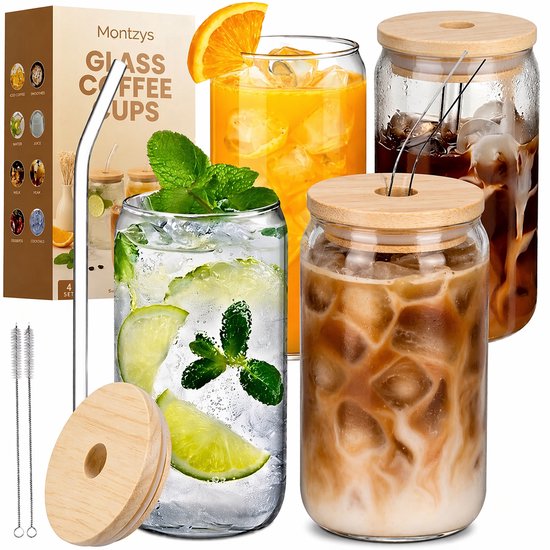 Verres Montzys® Latte Macchiato - 4 Pièces - Tasse à Café 500ML - Tasse à Café - Verre Cocktail & Café Glacé - Tasse à Thé - Incluant Pailles en Verre & Mixers