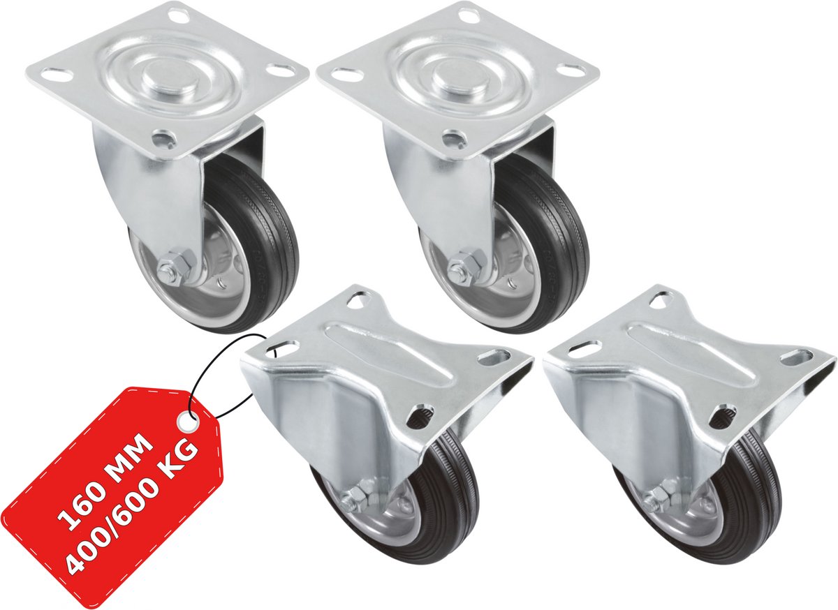 AMIG Transportwielen 160mm Set van 4 Zwenk+Bok - 600kg Rubber Rollager