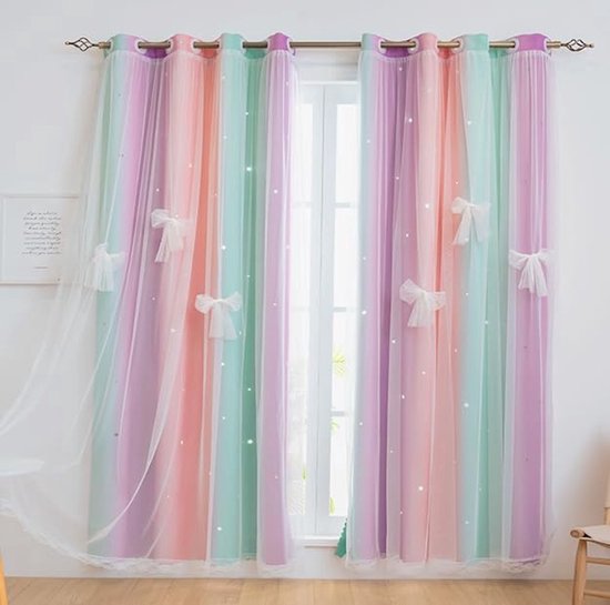 Meisjes Slaapkamer Gordijnen - Sterren Patroon - Verduisterend - Dubbellaags Ontwerp - Met Metalen Ringen - Groen Roze Paars - Inclusief Strikken en Band - 88*106cm