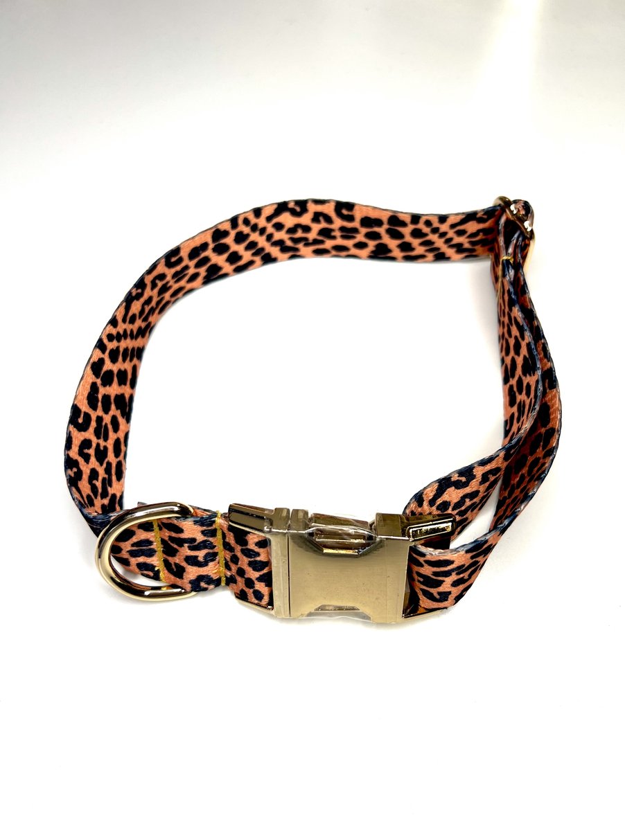 Halsband hond - collar - leiband - verstelbaar - panter - motief - panterprint - oranje / zwart / goud - Orange / black / gold
