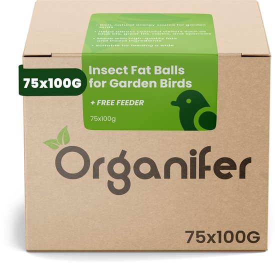 Insecten Vetbollen voor Tuinvogels – 75 stuks x 100 g met Gratis Houder – Gezonde tuinvogels – Met meelwormen en zonnebloempitten – Ondersteunt biodiversiteit – Geschikt voor jaarrond voeren – Natuurlijke dagelijkse energie voor vogels – Organifer