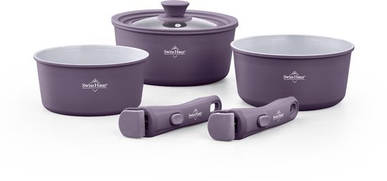 Swiss Haus® GCSP6T Steelpannenset 6-delig – Ø 16/18/20 cm – 1.4L / 1.9L / 2.7L – PFAS Vrij – Inductie & Alle Warmtebronnen – Afneembare Handgreep – Stapelbaar – Paars