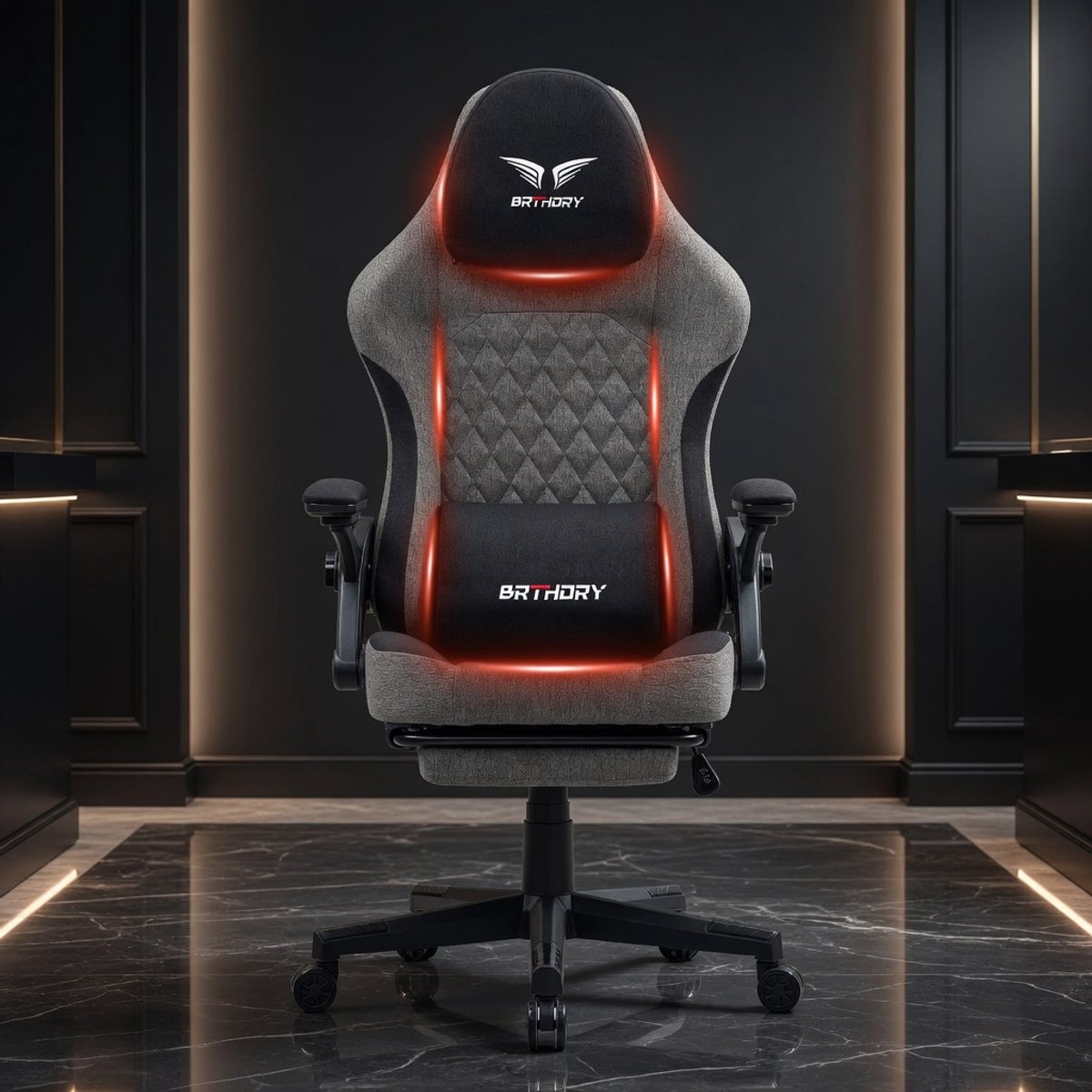 Ergonomische Gamingstoel met Voetensteun en Verstelbare Rugleuning 135° – ComfortPro Racing Bureaustoel met Hoofdsteun, Lendensteun, Stoffen Bekleding en Kantelfunctie – Zwart Grijs | Mobili Bella