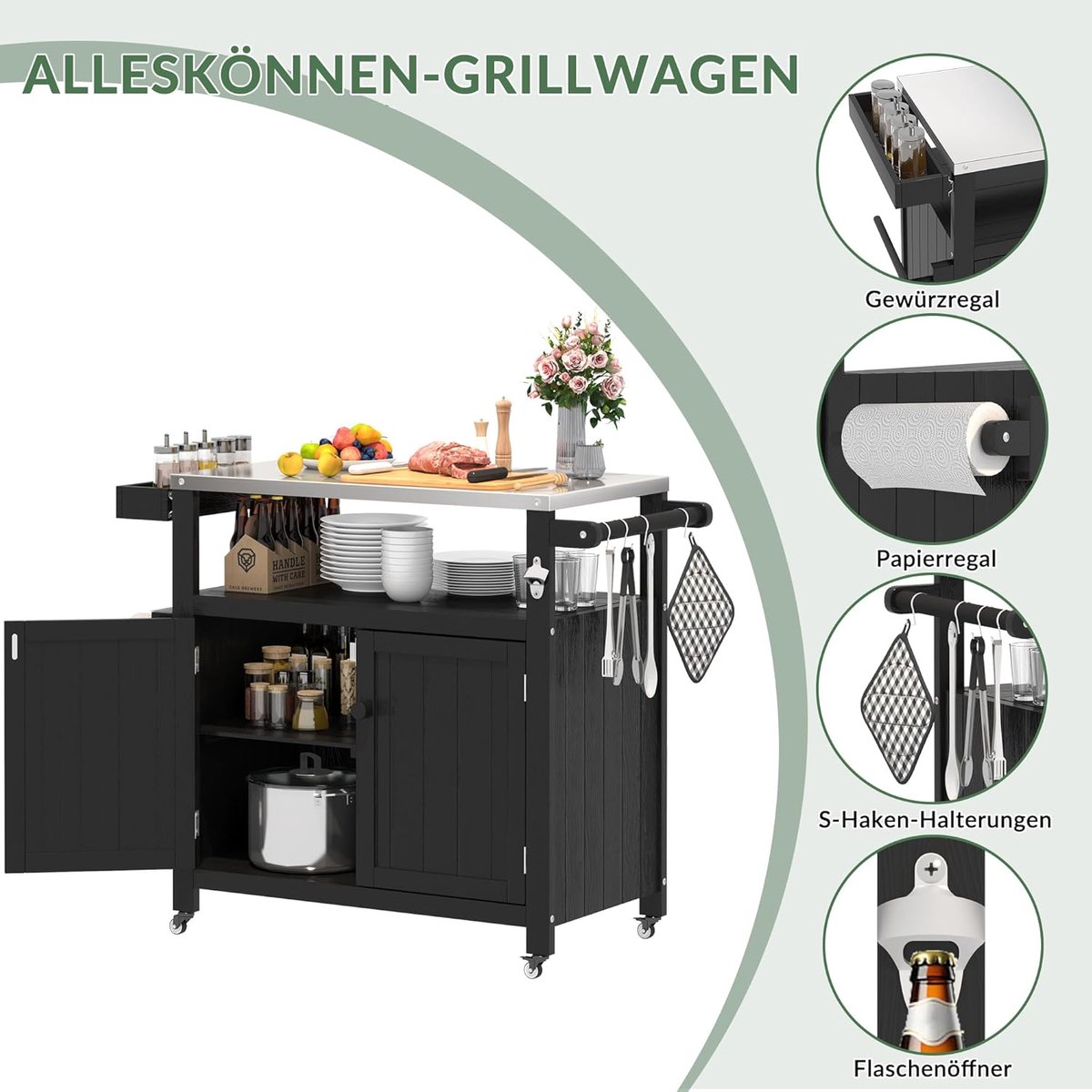Buitenkeuken op Wielen – ABTKantoor BBQ Trolley met Werkblad, Opbergruimte en Planken – Mobiele Keukentrolley voor Tuin, Terras & Camping – Zwart – 109x48x92 cm