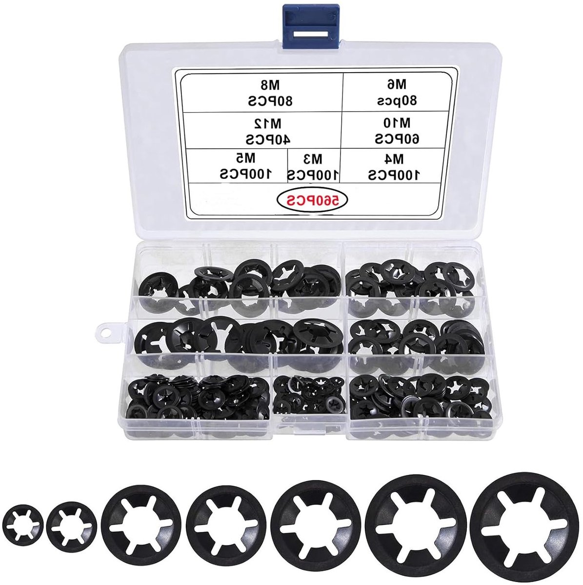 Starlock Washers Set van 560 Stuks - Zwarte Montage Discs met Binnenste Tandring voor M3 M4 M5 M6 M8 M10 M12 - Snelle Bevestiging en Assortiment