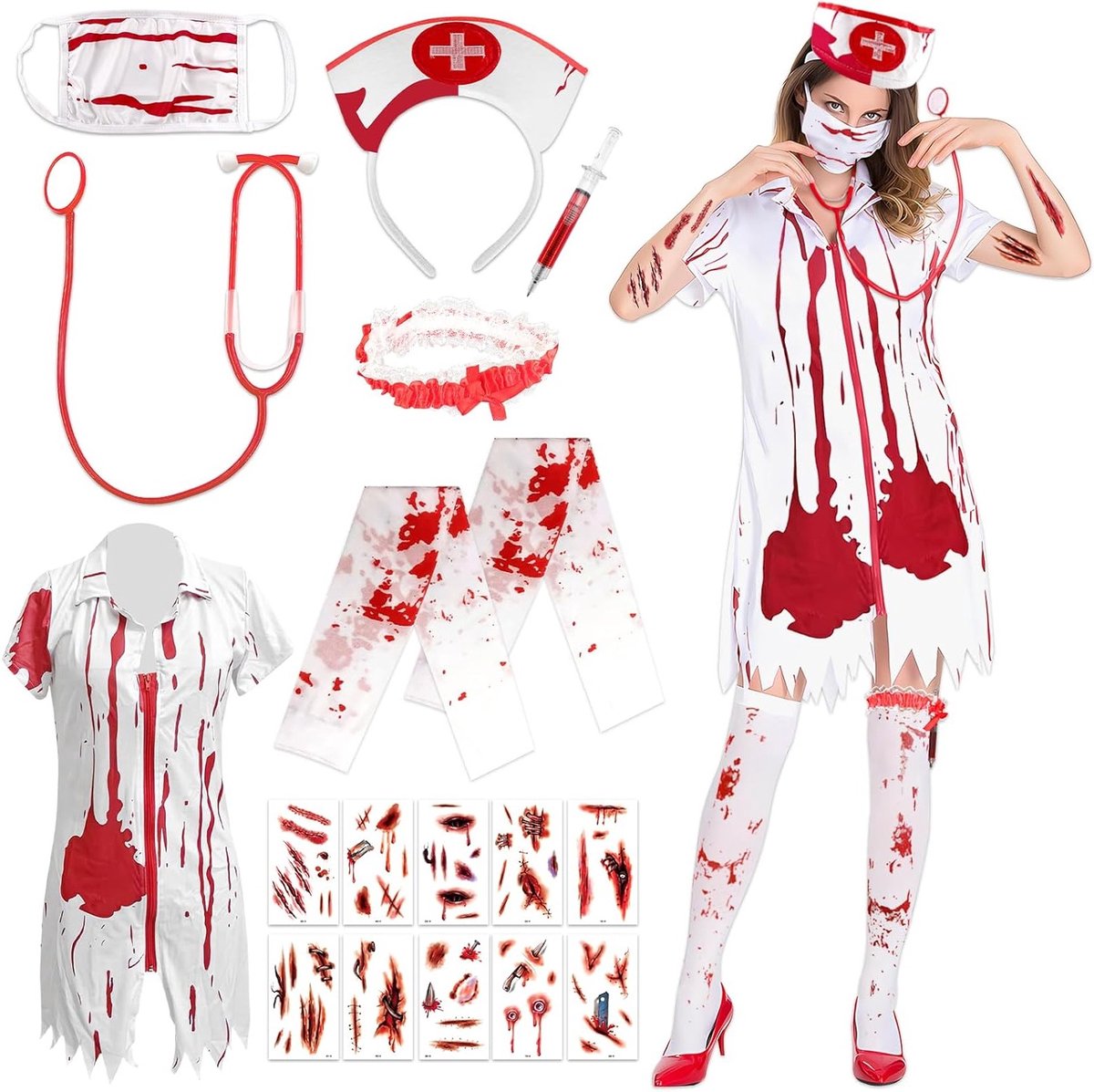 Dames Zombie Verpleegster Kostuum voor Halloween met Kousen, Hoofdband en Tattoo Accessoires