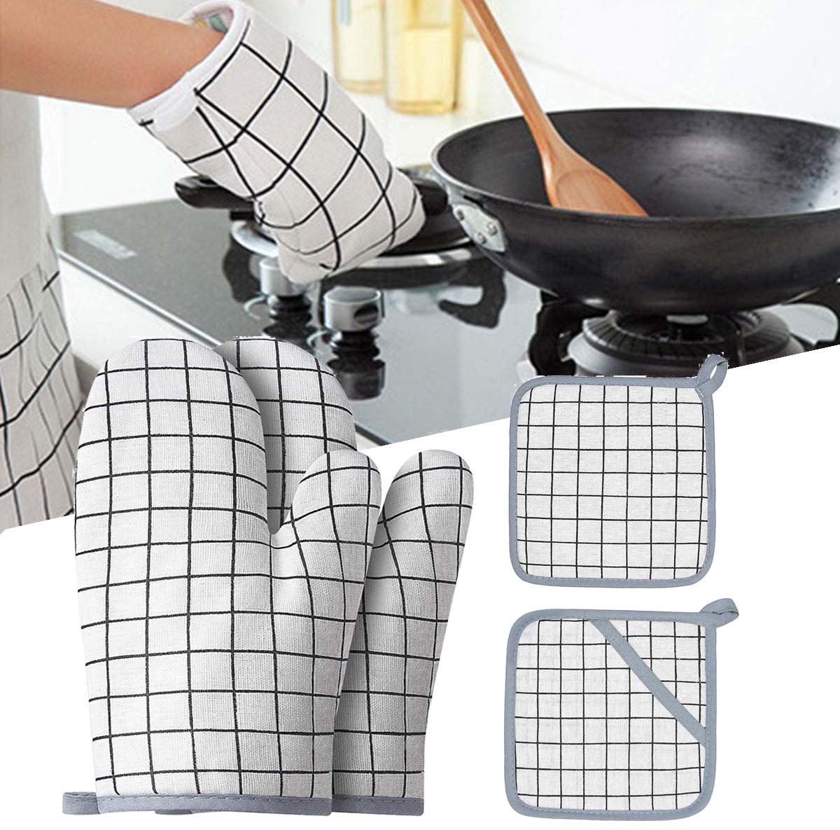 Ovenwanten en pannenlappen Grillhandschoenen - 1 paar ovenwanten en 2 pannenlappen met gerecyclede vulling, siliconen antislip kookhandschoenen voor koken, bakken en grillen, set van 4, wit