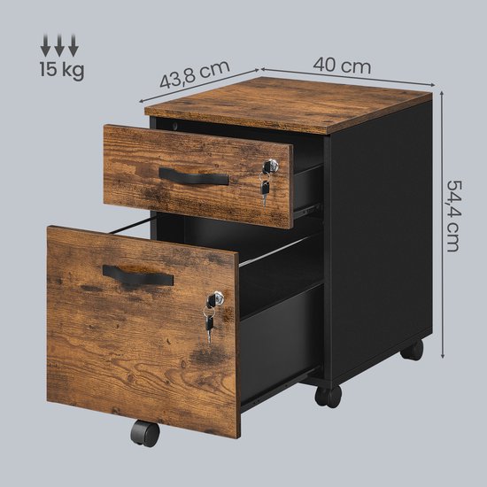 Ladeblok met 2 lades, houtkleur en zwart, met afmetingen: 43,8 x 40 x 54,4 cm.