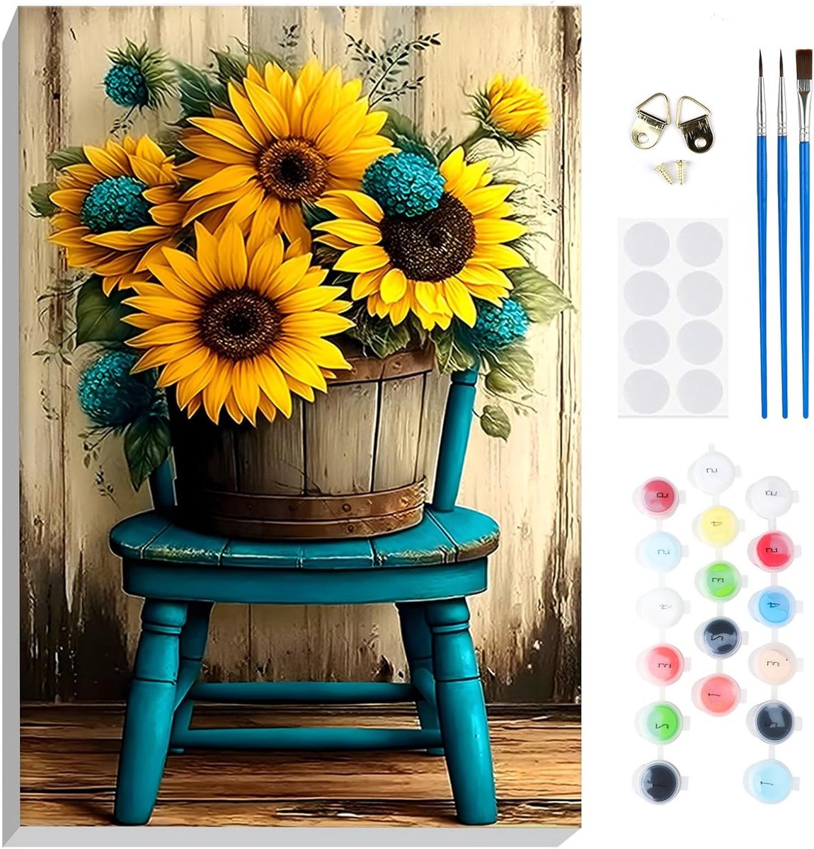Verf op nummer zonnebloempot voor volwassenen en beginners - DIY acryl schilderen op canvas, creatief kunstproject en geschenkideeën
