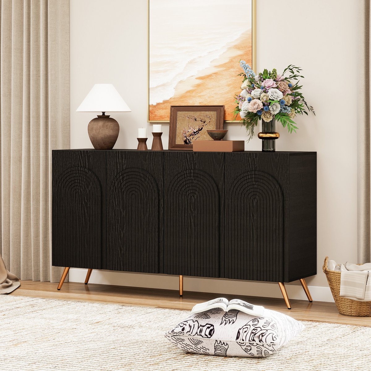 BLACKCOLORS Sideboard in mid-century-design, zwarte halkast met 3D-groeven & gebogen deuren, houtcomposiet, verstelbare legplanken, goudkleurige metalen poten