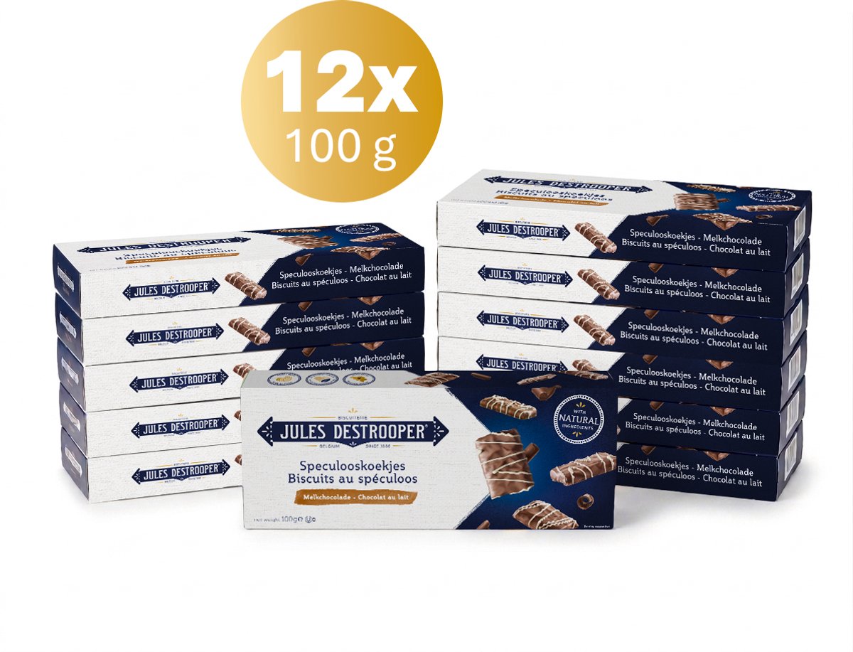Jules Destrooper Speculoos Koekjes met Melkchocolade 12 x 100g - Koffiekoekjes in grootverpakking voor bij de koffie of thee - Assortiment van 12 dozen individueel verpakt