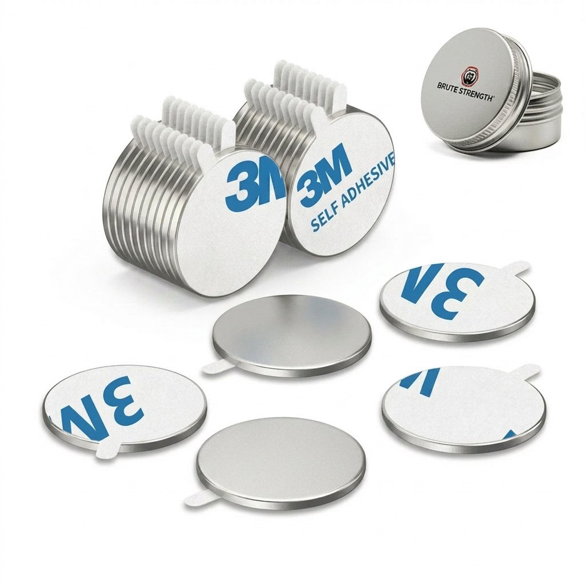 Brute Strength - Super sterke magneten - Rond - 20 x 1 mm - 3M- Zelfklevend - 20 Stuks - Dubbelzijdig tape - Neodymium magneet sterk - Voor koelkast - whiteboard — afbeelding 1