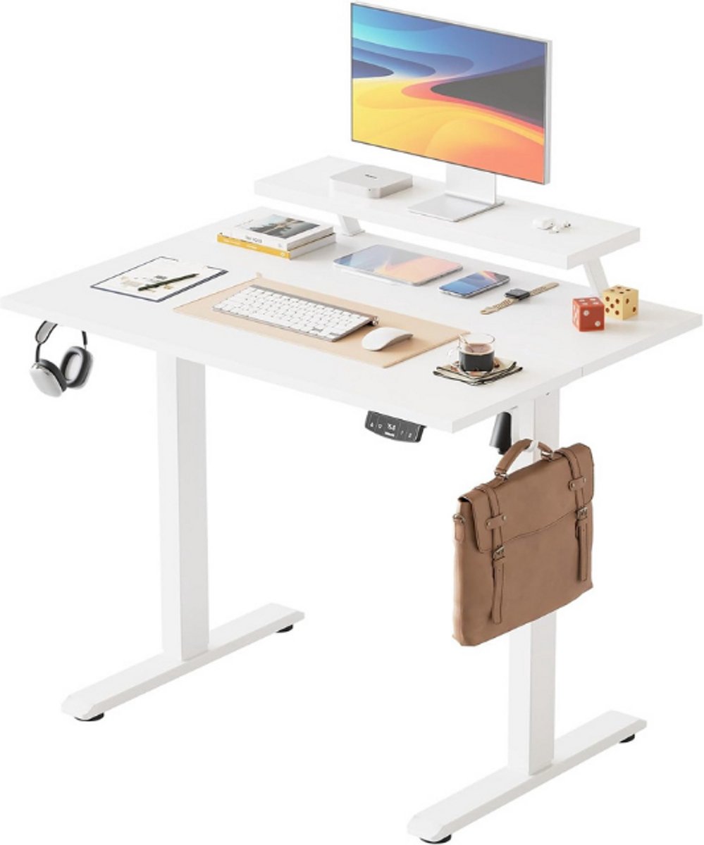 Agilestic Elektrisch in hoogte verstelbaar bureau, 100 x 60 cm, met beweegbare monitorstandaard, sta-bureau met 2 geheugentoetsen, 2-delig tafelblad, thuiskantoorbureau, wit