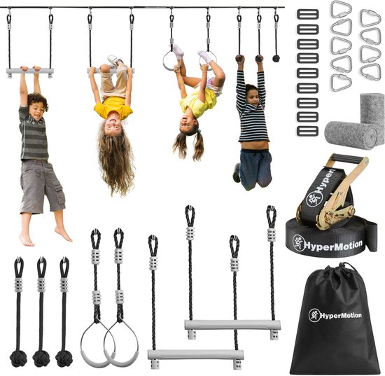 Ninja Obstakelbaan Slackline Set 15m met 7 Obstakels voor Kinderen en Volwassenen – HyperMotion Klimparcours Buiten