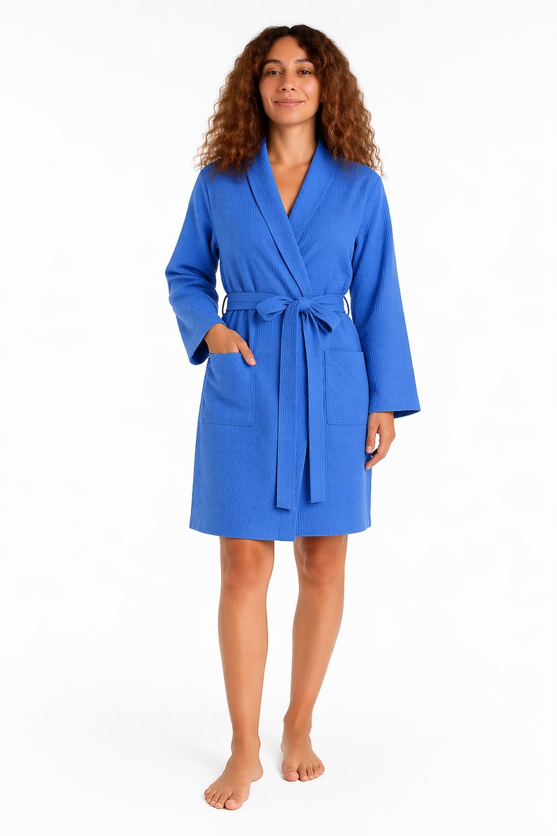Cocodream - Dames Badjas - Wafelstructuur Blauw – Knielengte – Sneldrogend – Lichtgewicht – Katoen Polyester - Maat XL