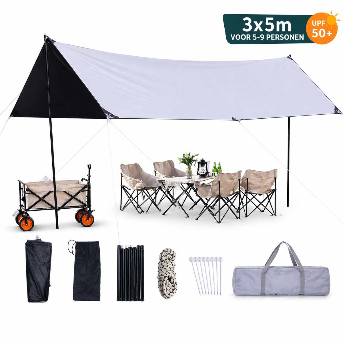 Meedeer 3*5m Kampeerluifel-Zwart gecoate tarp-Vierhoekig-Geschikt voor 5–9 personen-Waterbestendig-UV-bestendig-Lichtgewicht-voor wandelen en andere buitenactiviteiten