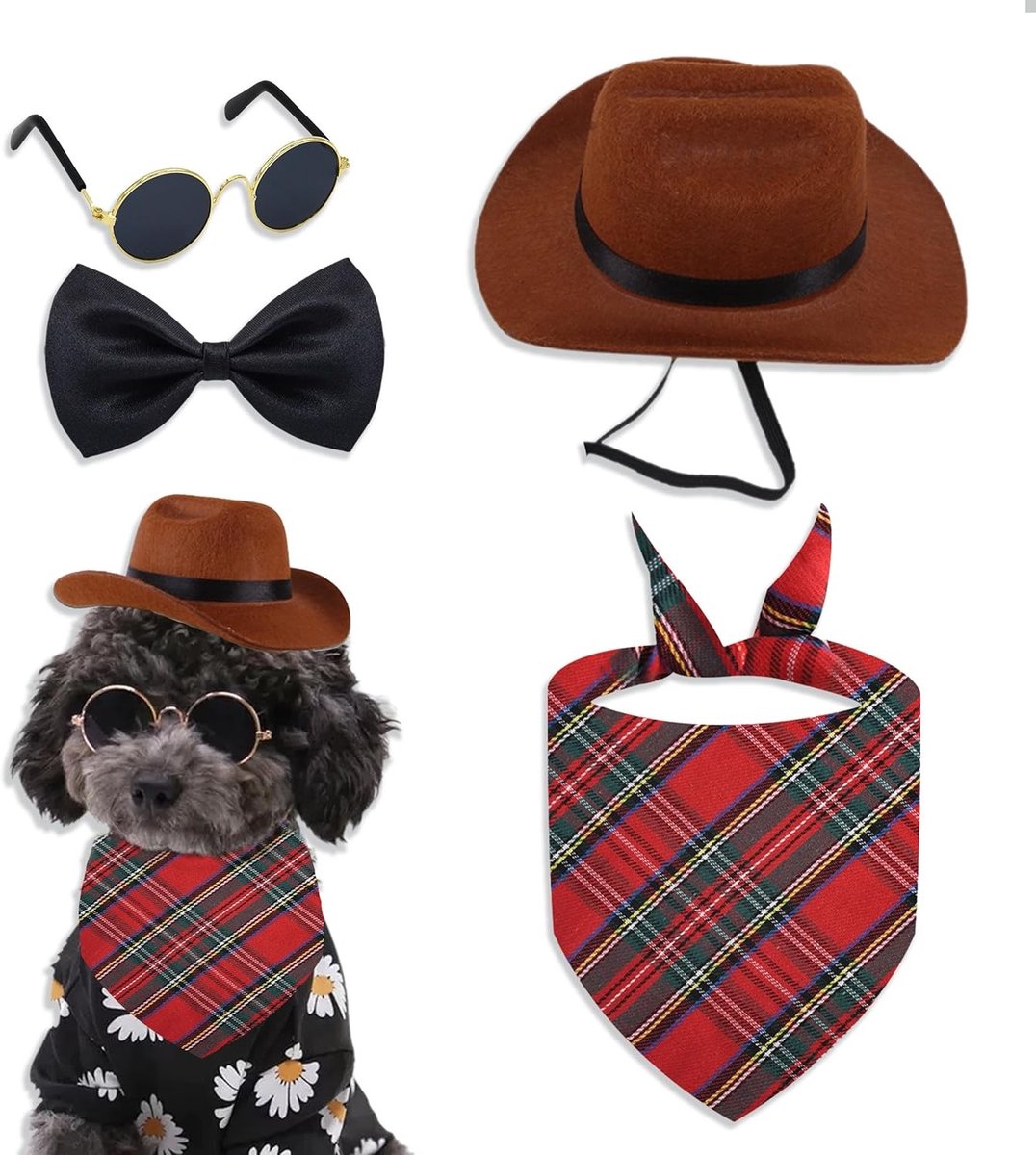 Schattige Cowboy Hoed voor Honden, Puppy Hoed met Zonnebril, Bandana en Strik voor Kleine en Middelgrote Honden en Katten
