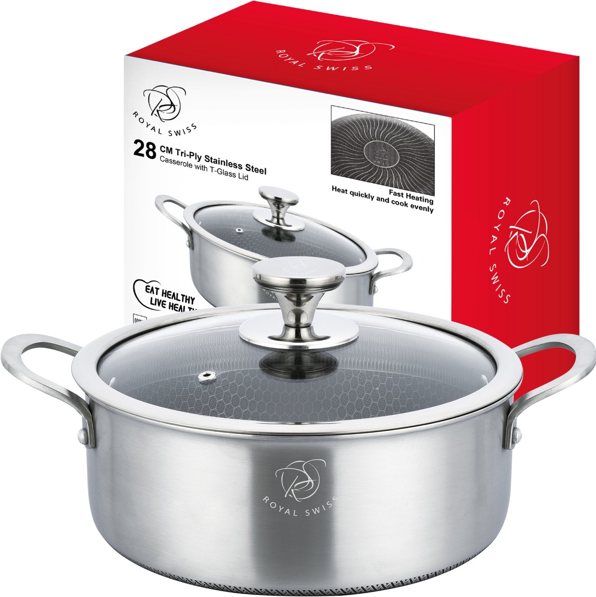 Royal Swiss® Braadpan – Met Dekse 28cm – RVS – Honingraat – Inductie